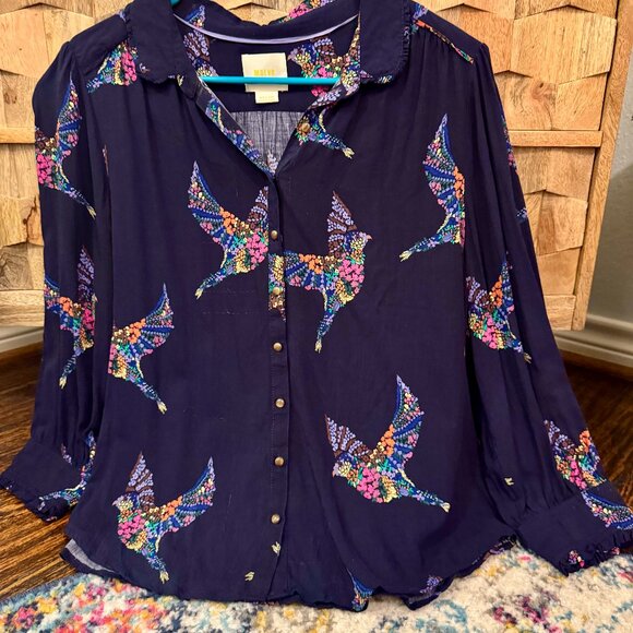 Maeve by Anthropologie Aldin Floral Bird Print Button Down Top - Size M - Picture 1 of 16